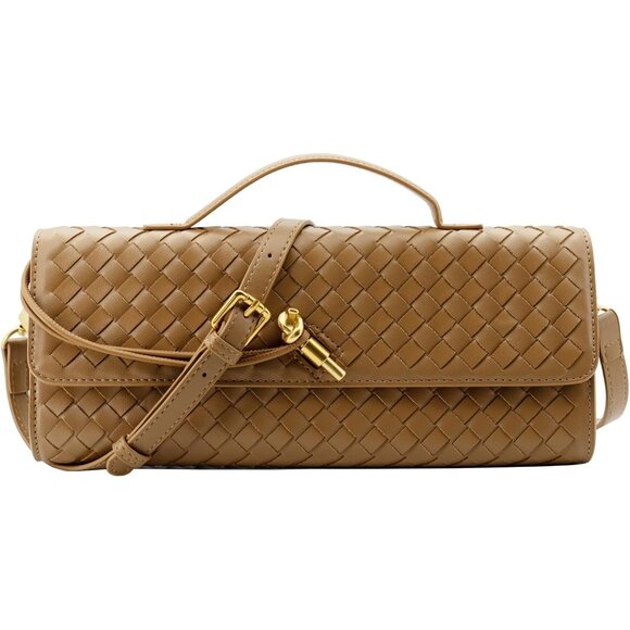 🆕Women Khaki Leather Handmade Woven Clutch Evening Bag Shoulder Crossbody Purse - Picture 1 of 6
